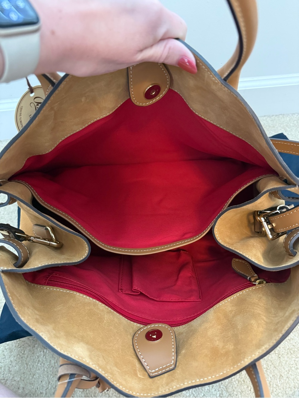 NWT Boldrini Selleria Italian Leather & Suede Satchel Tote Bag in Cognac/Tan - Picture 5 of 7